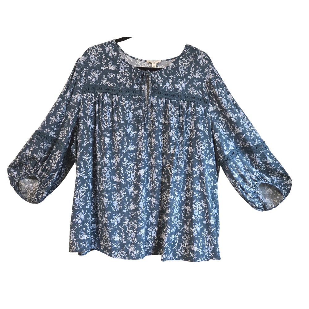 Boho Crochet Trim Floral Como Blu Women's 3X Dark Teal Peasant Blouse